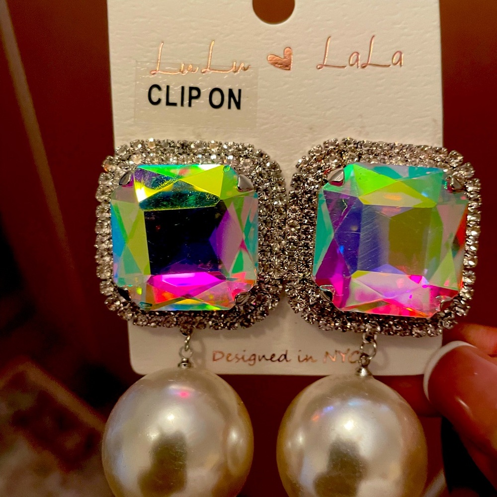 Silver and iridescent pearl clip on earrings